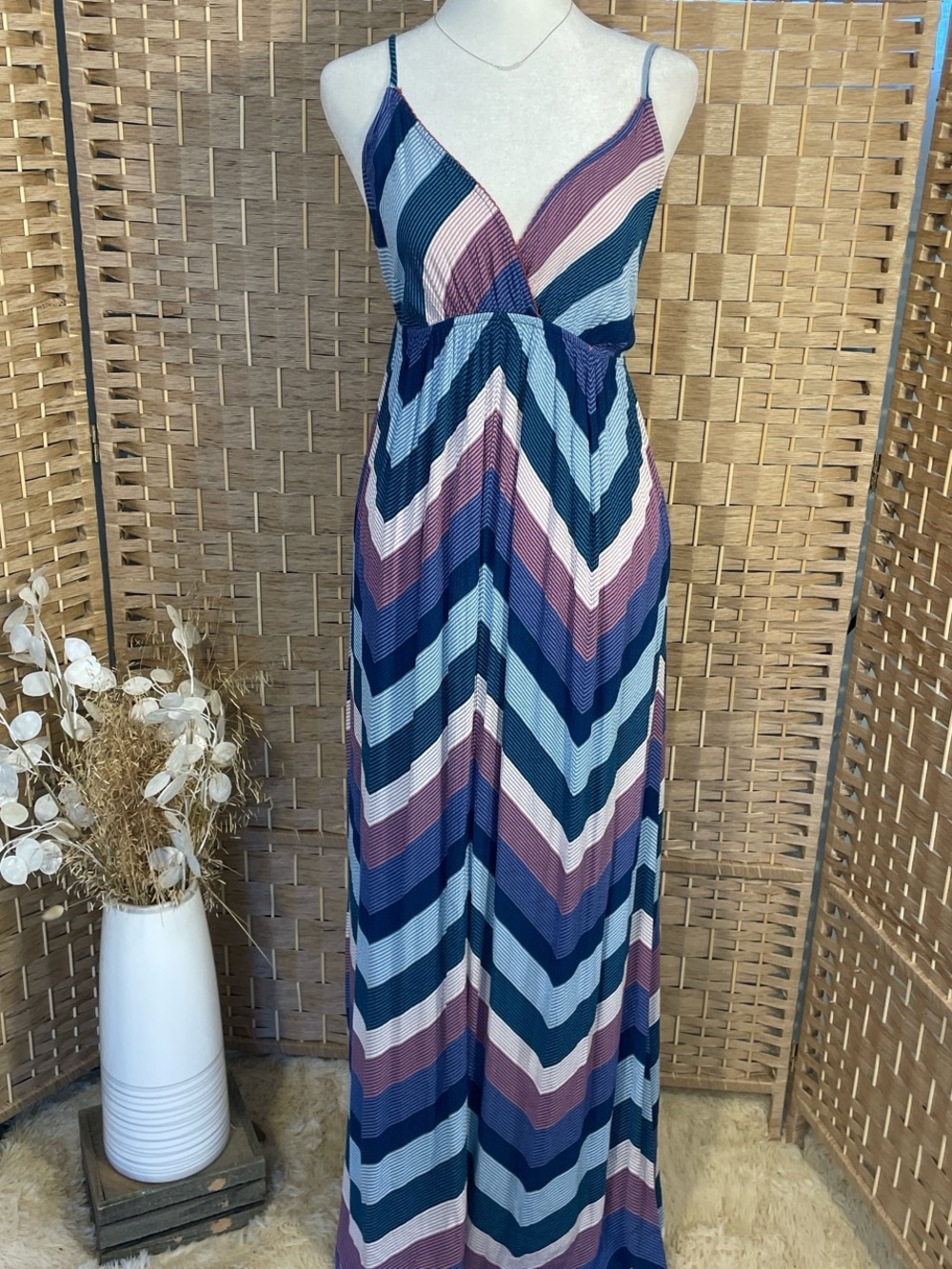 Love Stitch Striped Chevron Maxi Dress - Navy, Light Blue & Mauve